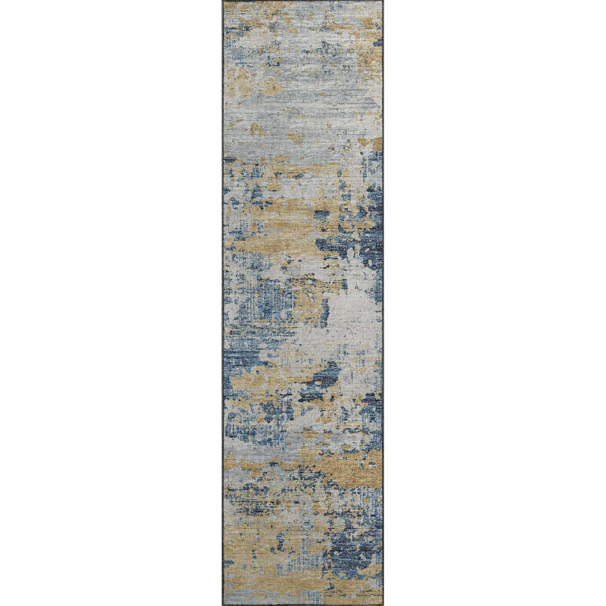 Close-up of the Dalyn Camberly CM4 Navy Area Rug. Abstract design with beige, gold, navy, and silver gray colors.