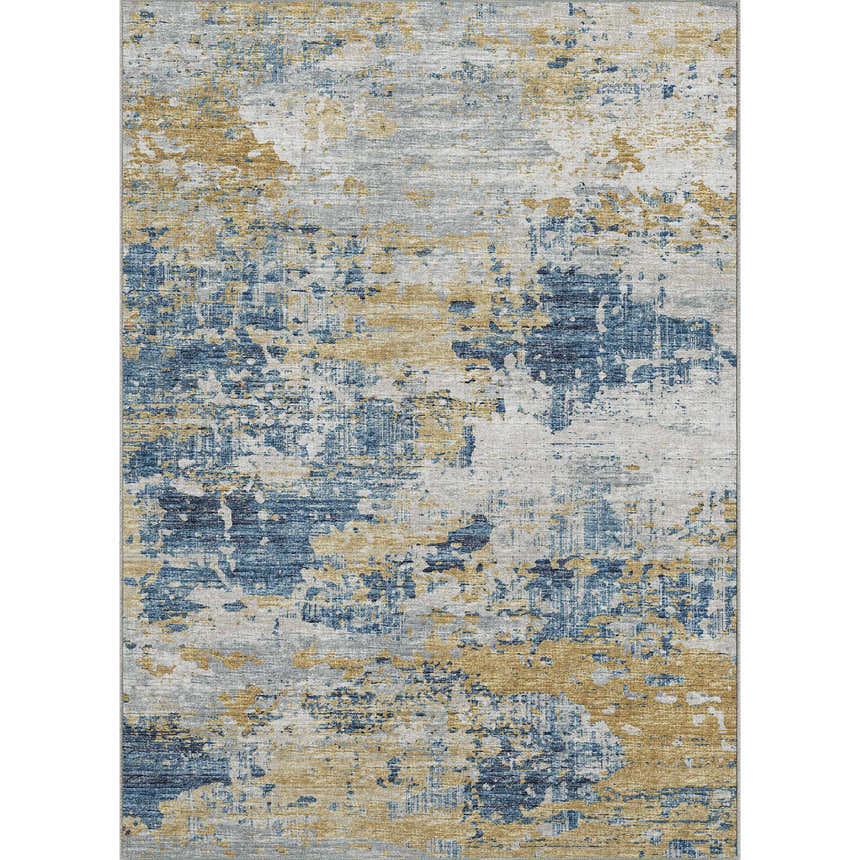 Close-up of Dalyn Camberly CM4 Navy Area Rug. Abstract design in beige, chestnut, gold, navy, and silver gray.