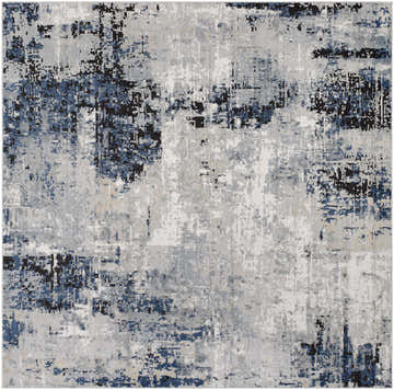 Close-up of Campsall Area Rug with a contemporary abstract design in cream, dark gray, light blue, and light gray. Design-Square-67
