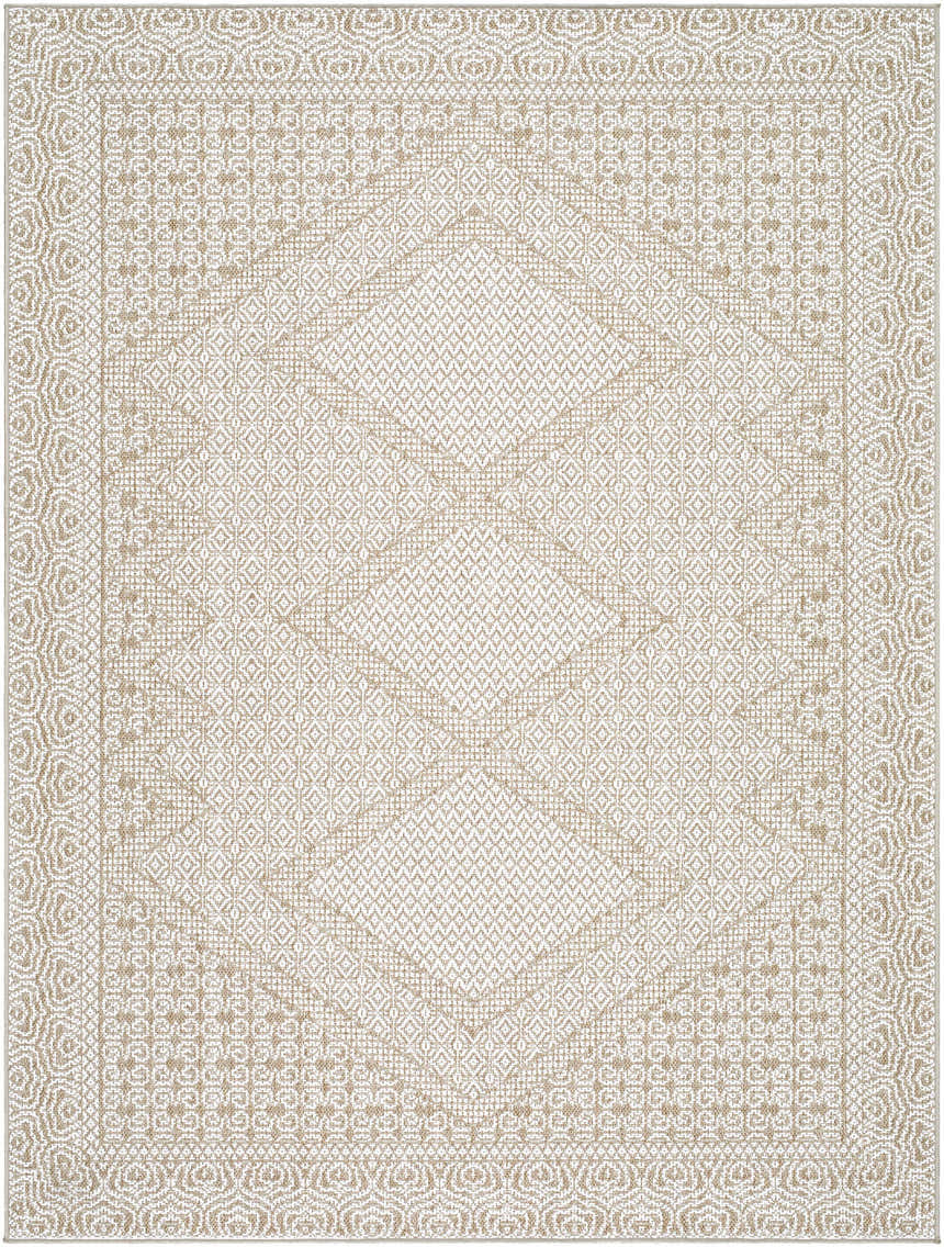 Close-up of the Chaman Area Rug, a machine-woven rug in tan and white with a traditional diamond pattern and decorative border. Design-Rectangle-537