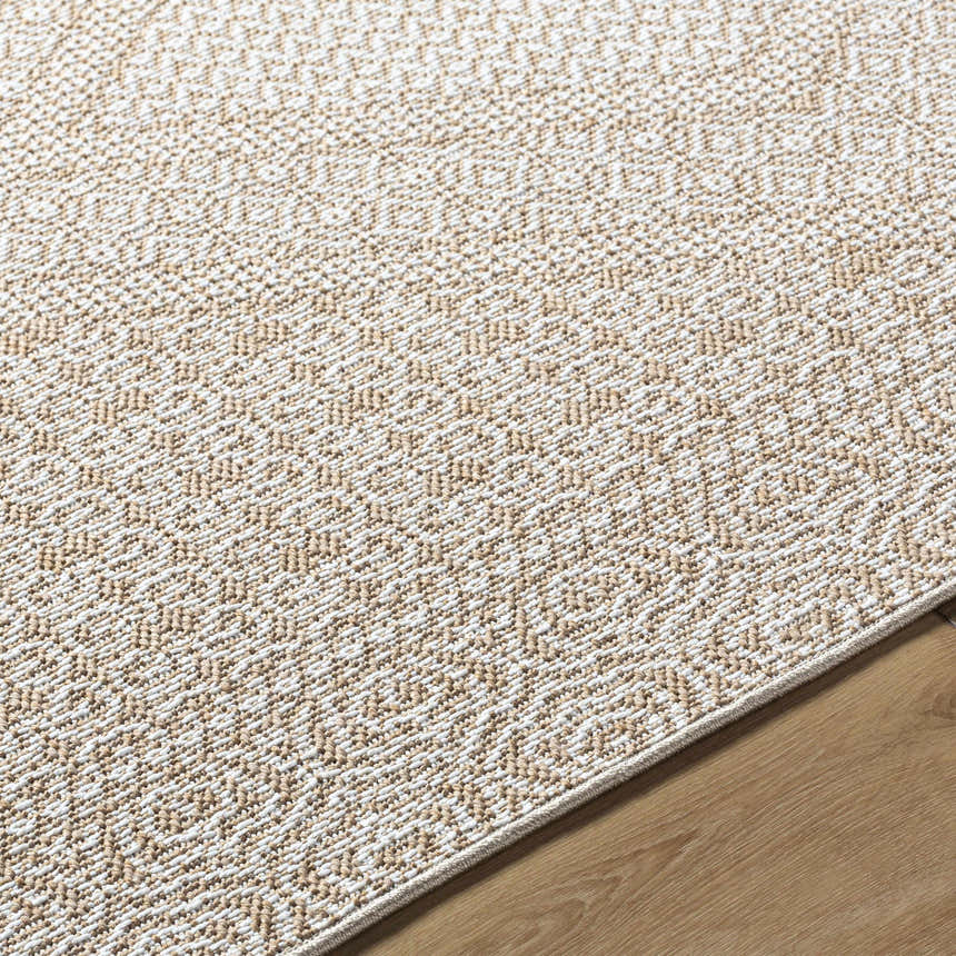 Close up of the tan and white textured weave of the Chaman Area Rug. Texture