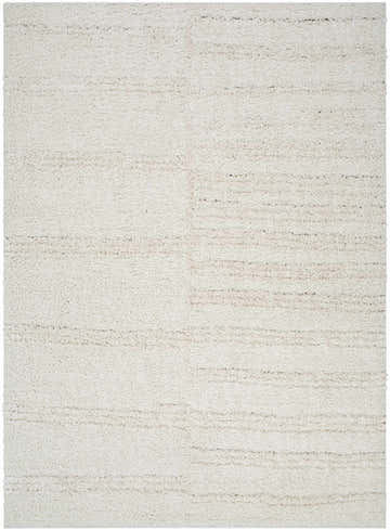 Close-up of a Cong Area Rug - Clearance. Beige shag rug with subtle horizontal stripes in bone and brown tones. Design-Rectangle-537