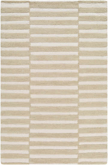 Close-up of the Idaho Broken-Striped Beige Area Rug. Hand-tufted wool rug with beige and ivory broken stripe pattern. Design-Rectangle-57