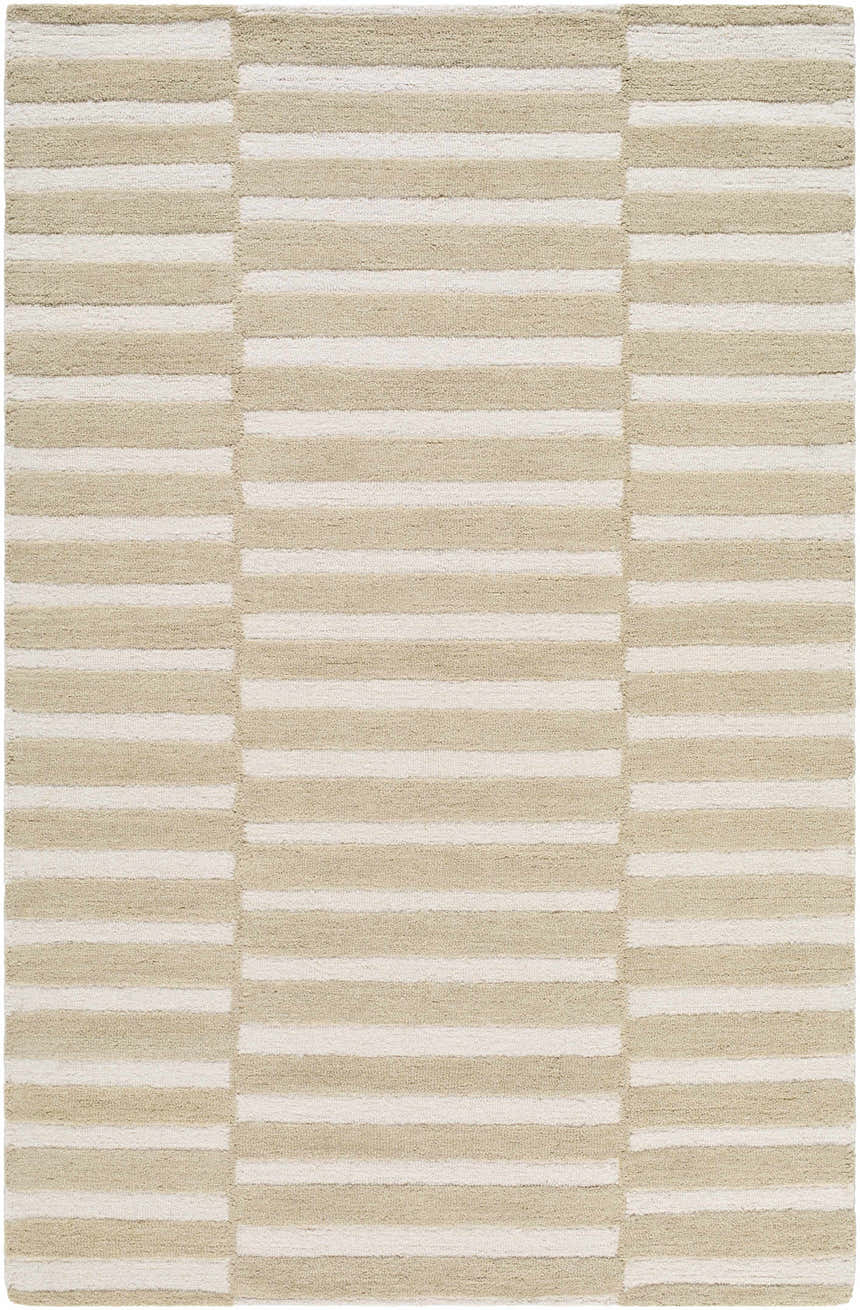Close-up of the Idaho Broken-Striped Beige Area Rug. Hand-tufted wool rug with beige and ivory broken stripe pattern. Design-Rectangle-57