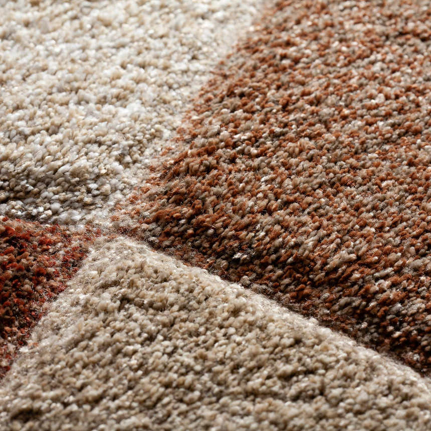 Close-up of the Dalyn Carmona CO1 Paprika Area Rug showing beige, brown, and paprika colors and textured pile.
