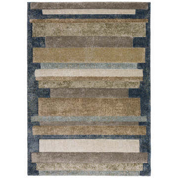 Dalyn Carmona CO2 Denim Area Rug with beige, brown, and blue horizontal stripes. Farmhouse style rug.