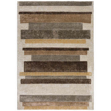 Close-up of Dalyn Carmona CO2 Flax Area Rug with beige, brown, gold, and flax horizontal stripes. Farmhouse style.
