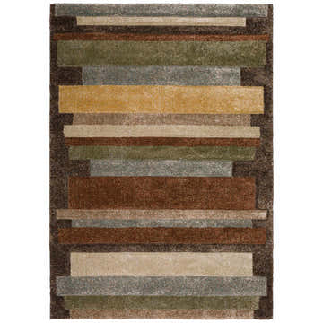 Close-up of the Dalyn Carmona CO2 Fudge Area Rug featuring horizontal stripes in beige, brown, olive, light blue, and spice tones.