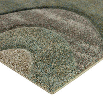 Close up of the Dalyn Carmona Fernway Area Rug. Beige, chestnut, olive and light blue tones. Transitional style.