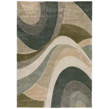 Close-up of the Dalyn Carmona CO3 Fernway Area Rug. Beige, chestnut, olive, and light blue curved pattern. Farmhouse style.