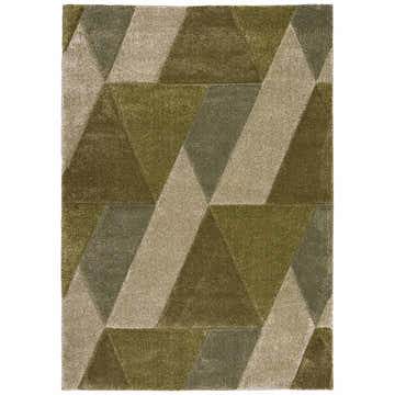 Close-up of a Dalyn Carmona CO4 Cactus Area Rug. Beige, cactus, olive, and taupe triangles create a geometric pattern.