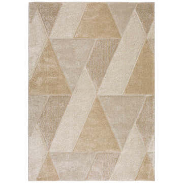Close-up of Dalyn Carmona CO4 Linen Area Rug. Beige, chestnut, gold, ivory, and taupe geometric triangle pattern.