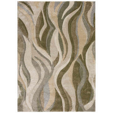 Close-up of the Dalyn Carmona CO5 Cactus Area Rug, featuring beige, brown, and olive wavy stripes. Farmhouse style.
