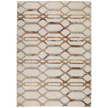 Close-up of the Dalyn Carmona CO7 Linen Area Rug. Beige rug with a geometric pattern in chestnut, ivory, paprika, and taupe.