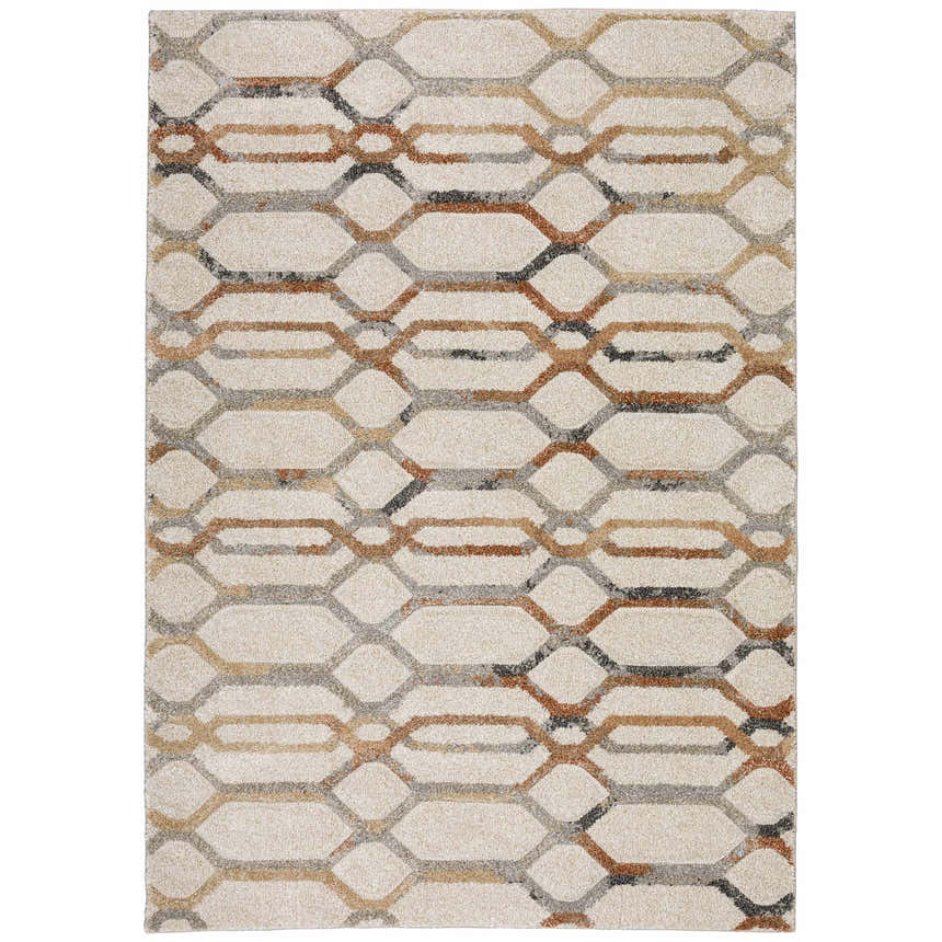 Close-up of the Dalyn Carmona CO7 Linen Area Rug. Beige rug with a geometric pattern in chestnut, ivory, paprika, and taupe.