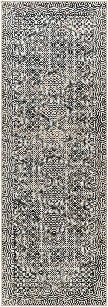 Close-up of the Coledale Black & White Washable Rug. Features a detailed oriental pattern in black, gray, and light gray. Design-Runner-2773
