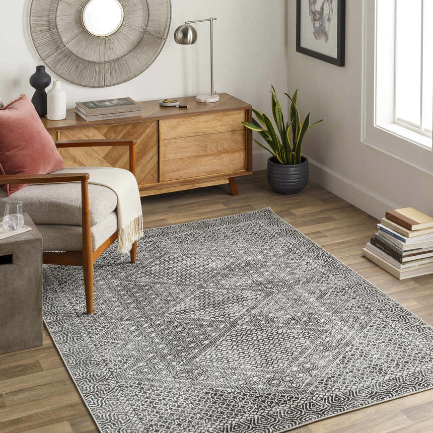 Living room scene with a Coledale Black & White Washable Rug, wood floors, mid-century modern furniture, and neutral decor. Roomscene-Rectangle