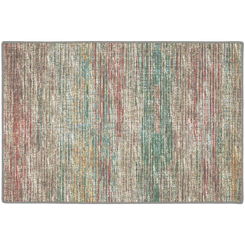 Close-up of the Dalyn Indoor/Outdoor Ciara CR1 Mocha Area Rug. Features beige, brown, teal, and red vertical stripes.