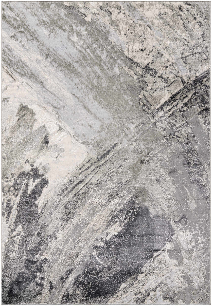 Close-up of the Chaeli Area Rug. Contemporary design in beige, black, charcoal, ivory, and light slate. Machine woven texture. Design-Rectangle-537