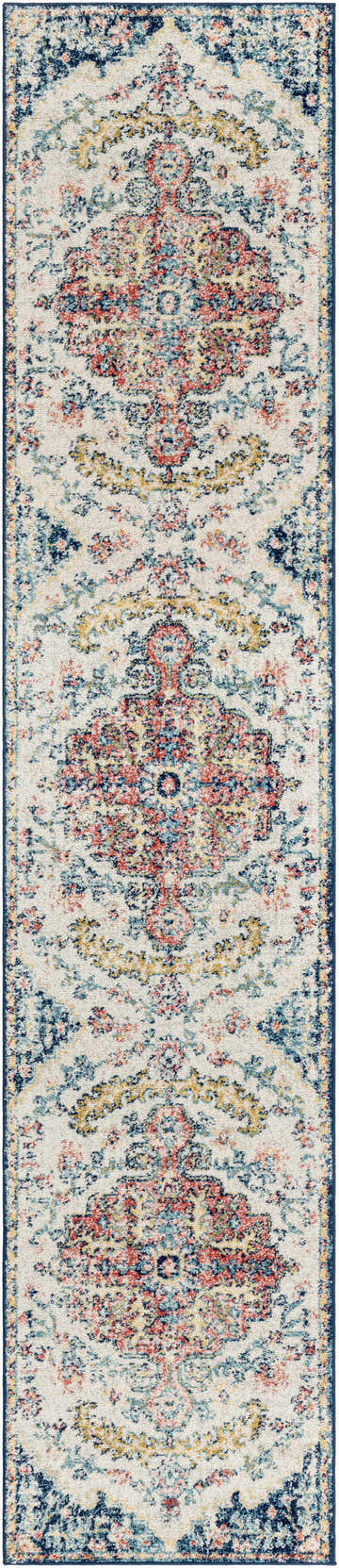 Close-up of the Corrimal Area Rug. Bohemian style rug in aqua, burgundy, ink blue, off white, slate, and yellow. Design-Runner-2712