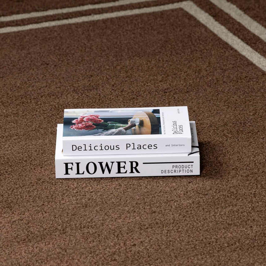 Close-up of the textured, chocolate brown Chogan Area Rug with a geometric border and stacked books. Styleshot