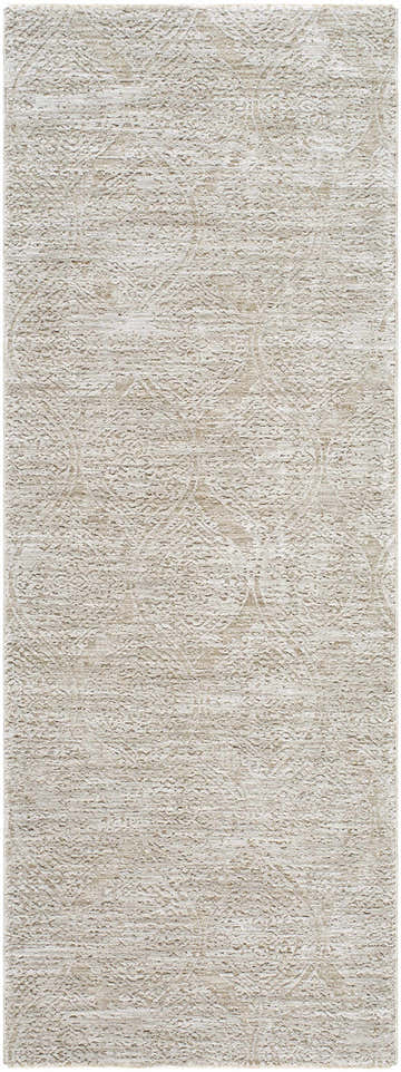 Close-up of the Cariel Light Sage Area Rug, showing its ash, pearl, and silver gray tones and subtle traditional pattern. Design-Runner-2773