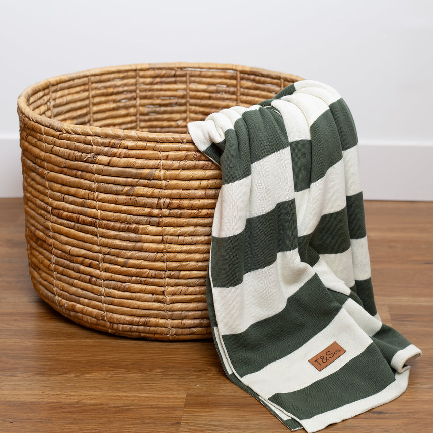 100% Cotton Knitted Throw - Chunky Stripe in Fir and Cream