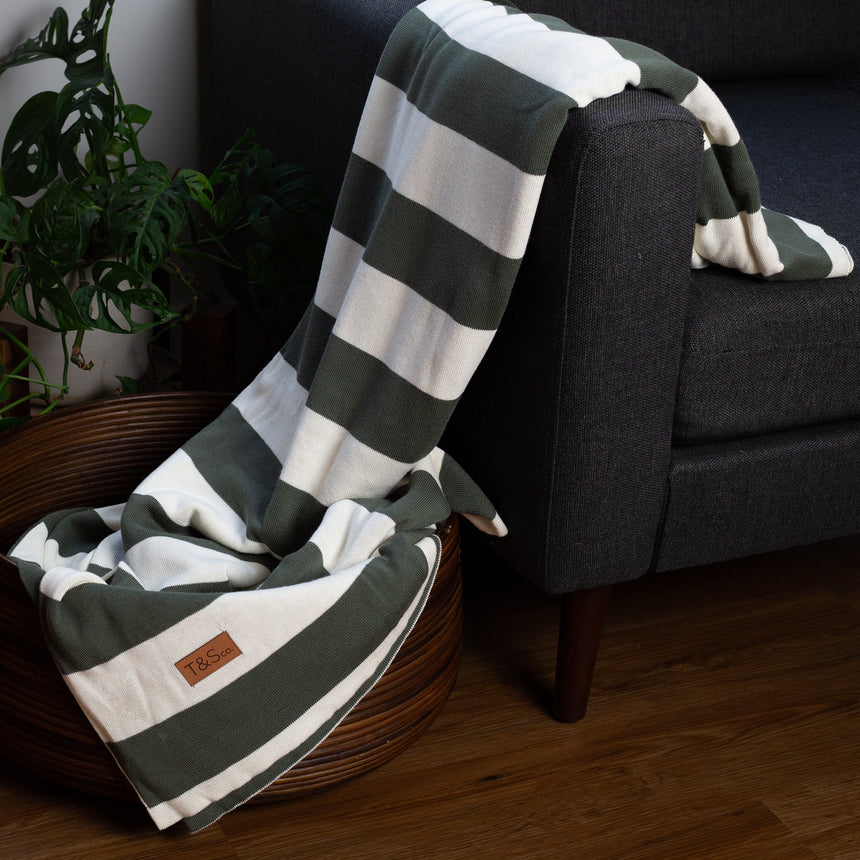 100% Cotton Knitted Throw - Chunky Stripe in Fir and Cream