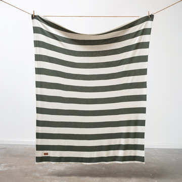 100% Cotton Knitted Throw - Chunky Stripe in Fir and Cream