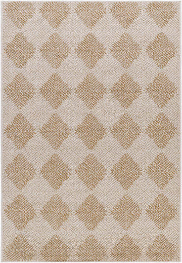 Close-up of Kaya Outdoor Machine Woven Vivir x LIVABLISS VVKA-2300 Area Rug. Ivory and tan diamond pattern. Design-Rectangle-537
