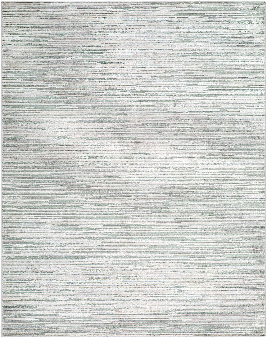 Close-up of the Corwin 3D Striped Washable Area Rug. Features cream, gray, sage, and tan horizontal stripes. Design-Rectangle-537
