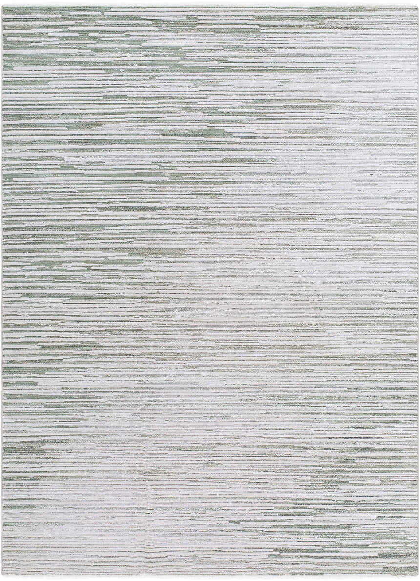 Close-up of the Corwin 3D Striped Washable Area Rug. Cream rug with horizontal stripes in sage, tan, and gray. Contemporary style. Design-Rectangle-6792