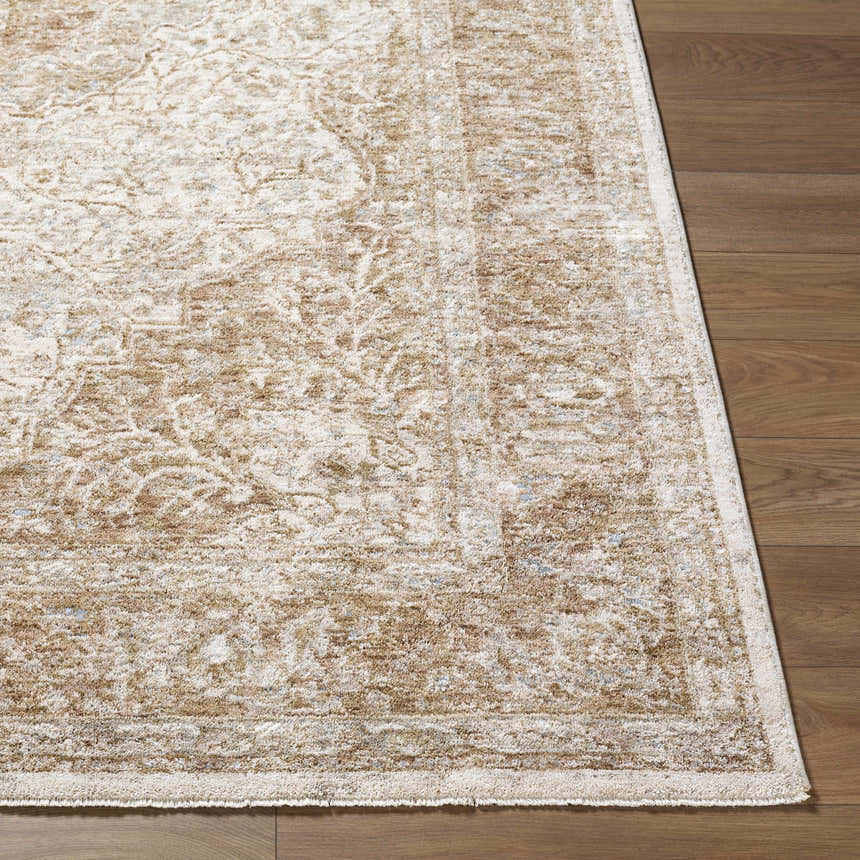 Close-up of the Charae Ivory Area Rug showing beige, sandstone, and taupe traditional pattern on a wood floor. Front
