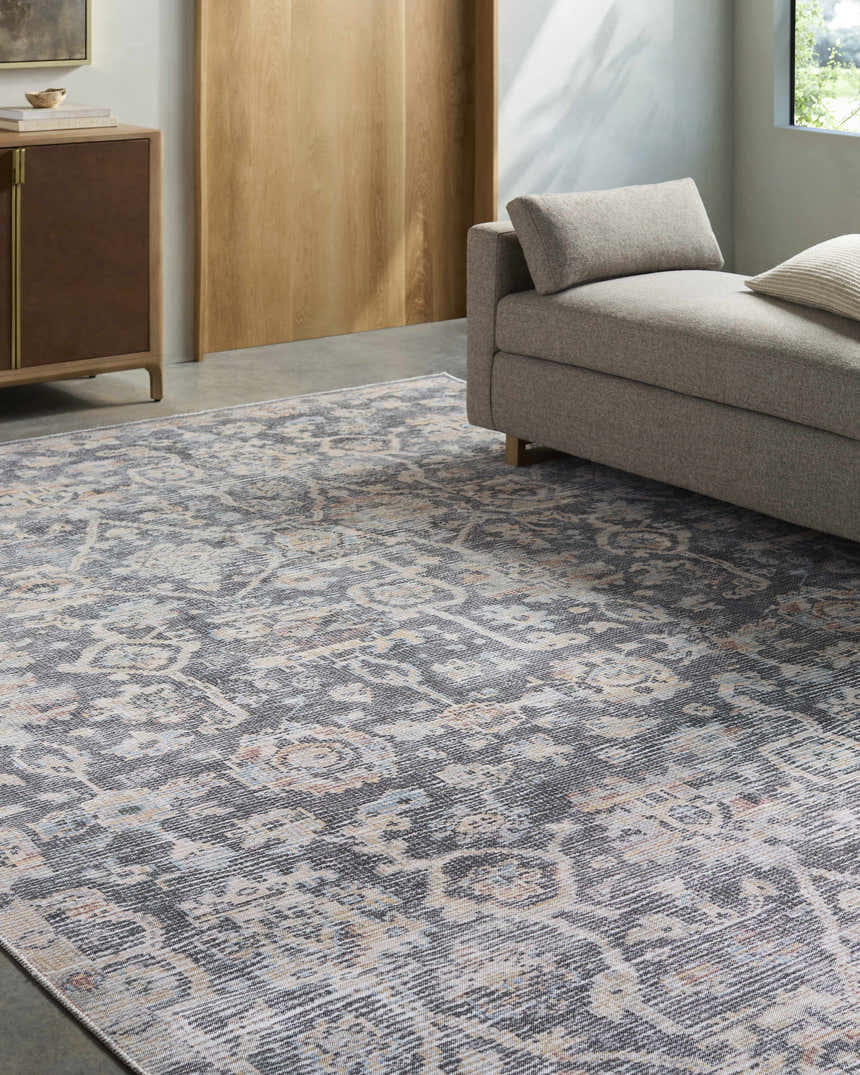 Living room scene with gray sofa and Eleni Vivir x LIVABLISS washable area rug in beige, black, burnt orange, denim, and gray. Roomscene-Rectangle