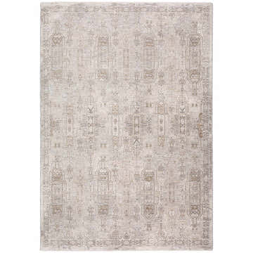 Close-up of the Dalyn Cyprus CY1 Linen Area Rug. Beige, chestnut, and gray traditional pattern.