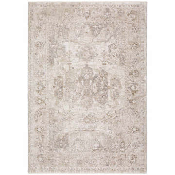 Close-up of the Dalyn Cyprus CY3 Beige Area Rug featuring a traditional floral pattern in beige, chestnut, ivory, and light gray.