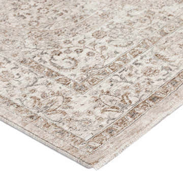 Close-up of the beige Dalyn Cyprus CY8 area rug. Features a traditional floral pattern with chestnut, ivory, and light gray accents.