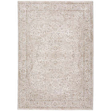 Close-up of the Dalyn Cyprus CY8 Beige Area Rug featuring a traditional floral pattern in beige, chestnut, ivory, and light gray.