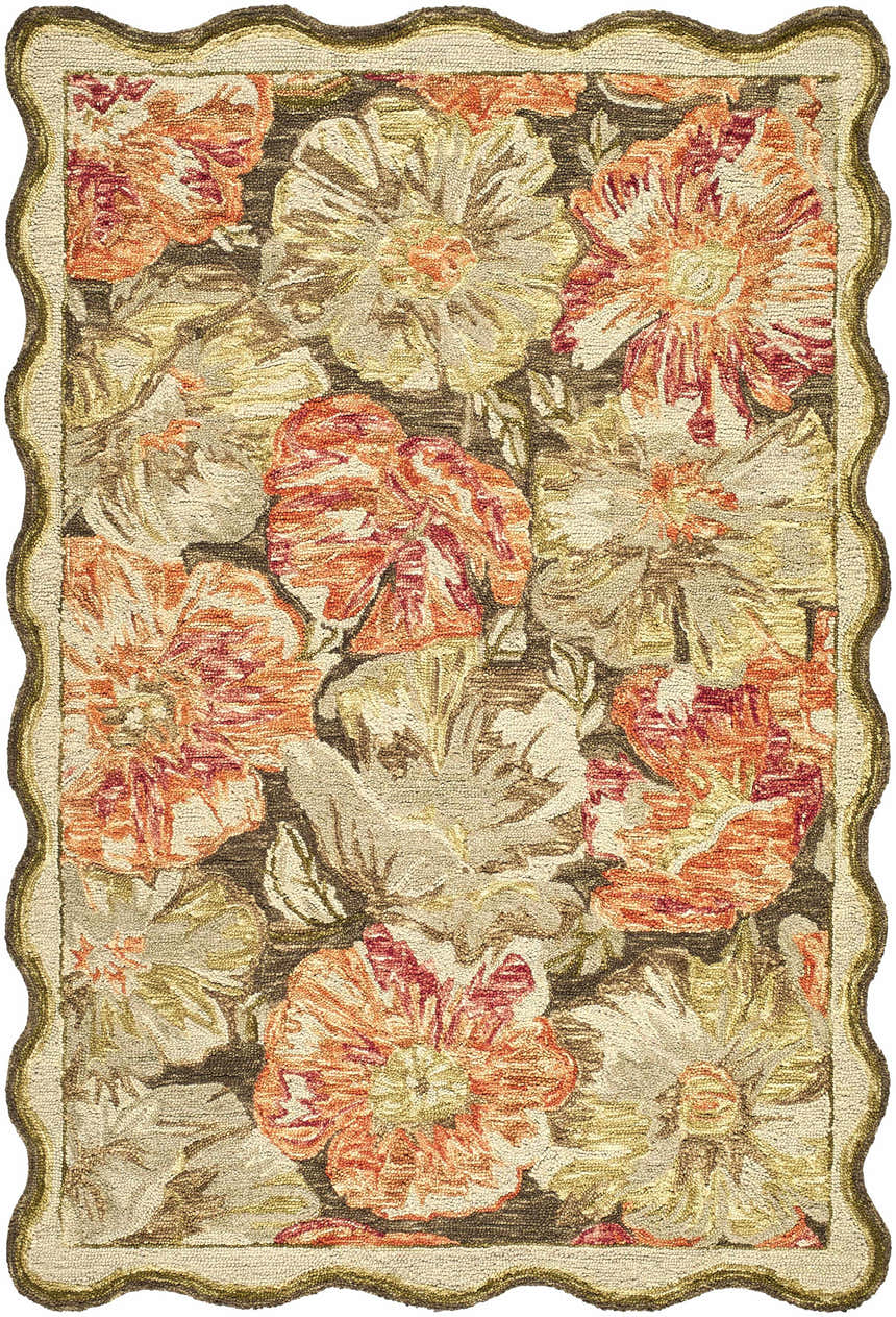 Close-up of the hand-tufted Campos Area Rug. Features a floral design in shades of orange, cream, and brown on a wool base. Design-Rectangle-576