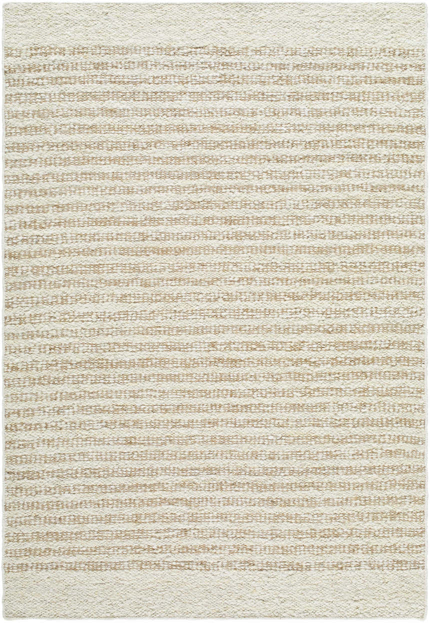 Close-up of the hand woven Arlais Striped Area Rug. Ash, desert sand, and pearl stripes create a farmhouse style. Design-Rectangle-5377