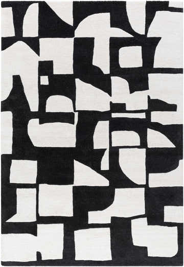 Close-up of the Celous Area Rug. Ivory and jet black wool rug with a bold, geometric, contemporary pattern. Hand-tufted texture. Design-Rectangle-576
