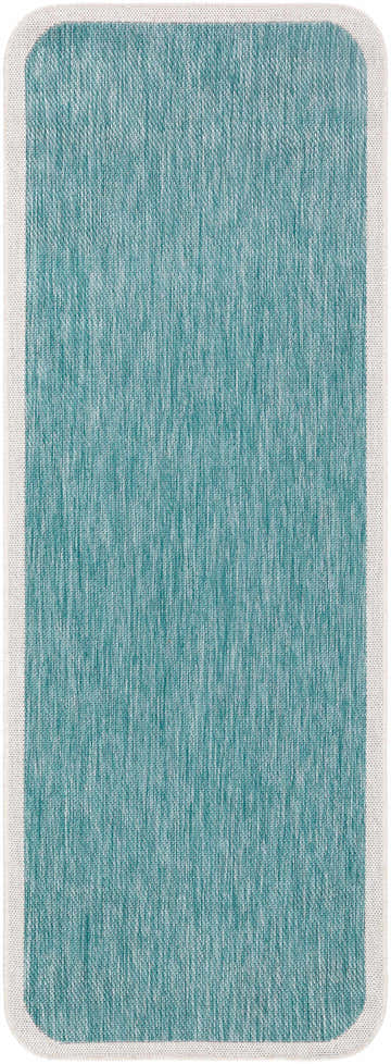 Close-up of the Chetan Light Blue Outdoor Rug. Aqua and cream fibers create a subtle textured pattern. Cream border. Design-Runner-2773