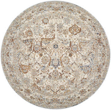Close-up of round Chikao Cream Area Rug. Beige, cream, mustard, and blue traditional floral pattern. Design-Round-53