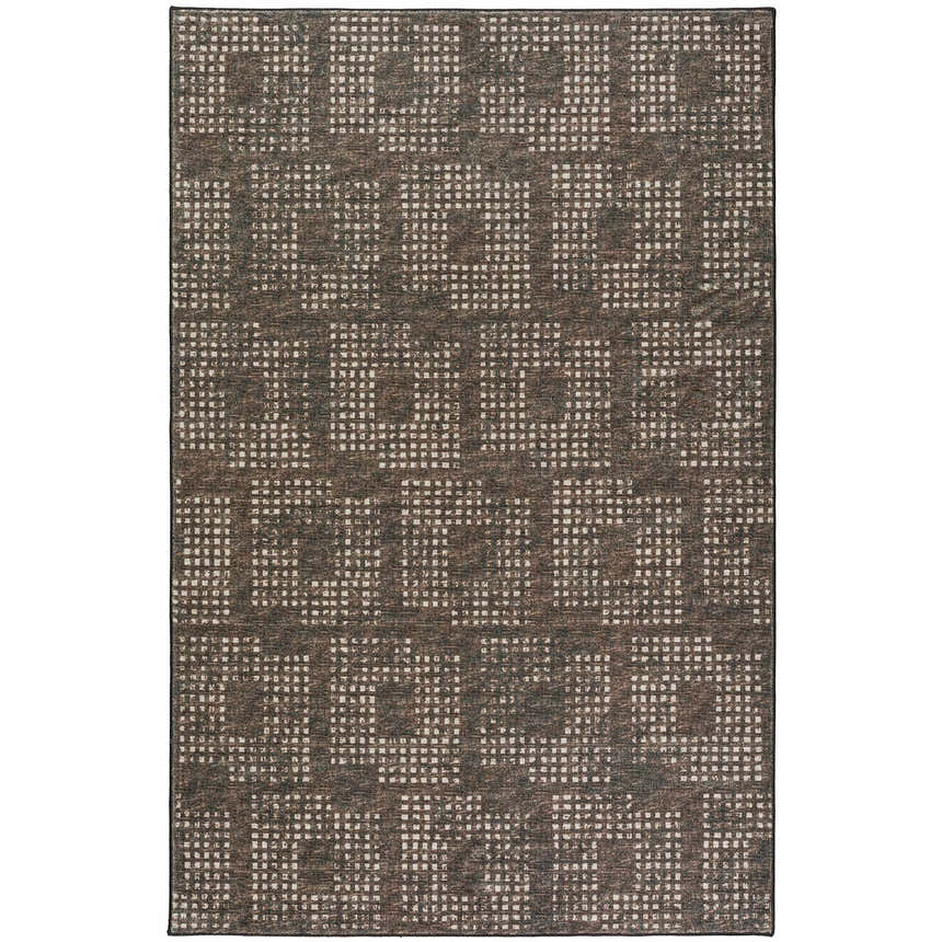Close-up of the Dalyn Delano DA1 Chocolate Area Rug. Brown rug with beige, grid-like pattern. Farmhouse style.