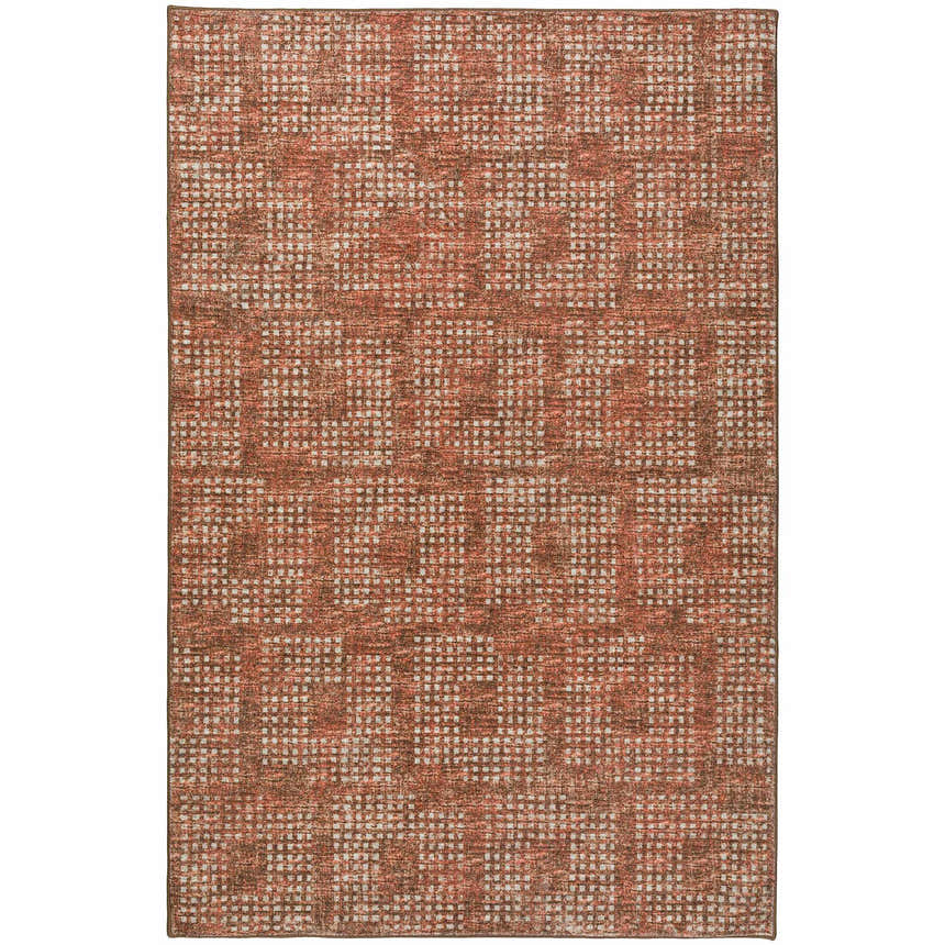 Close-up of the Dalyn Delano DA1 Paprika Area Rug. Farmhouse style rug with brown, chestnut, and spice colors.