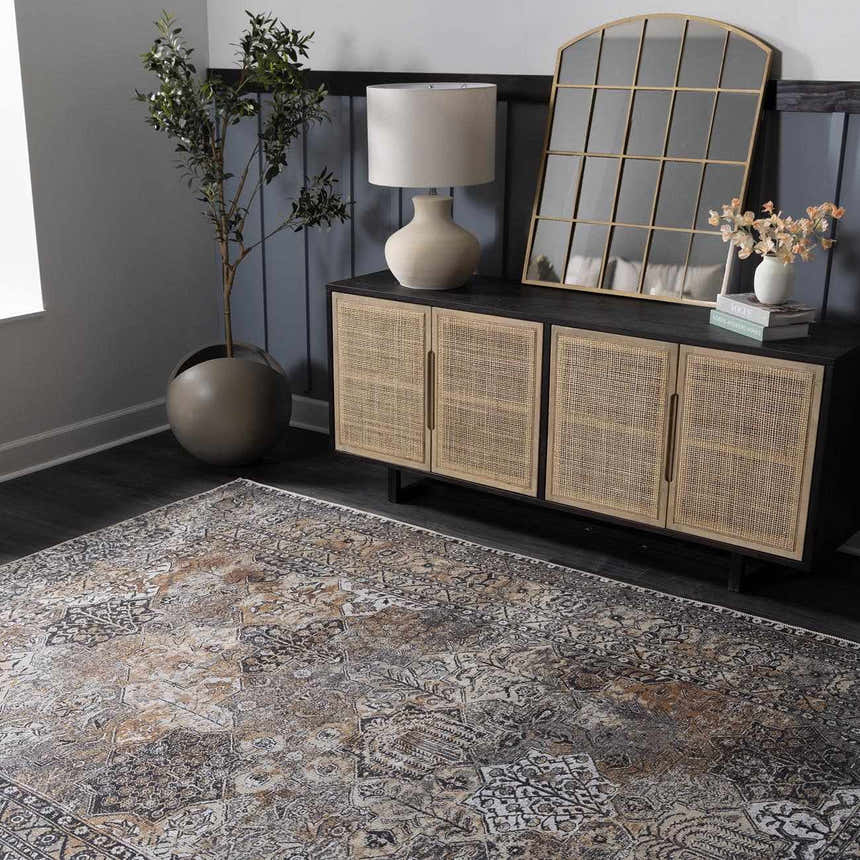 Entryway with a beige and black Dagatan Washable Area Rug, console table, mirror, lamp, and plant. Roomscene-Rectangle