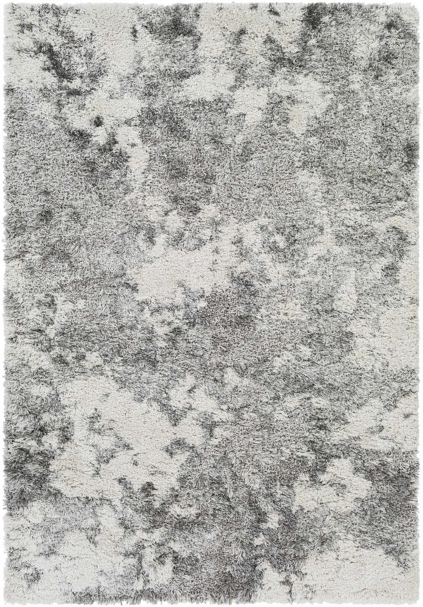 Close-up of the Livabliss Alta Shag Surya ASG-2304 area rug. Gray and off-white polypropylene shag rug with a soft, textured design. Design-Rectangle-537