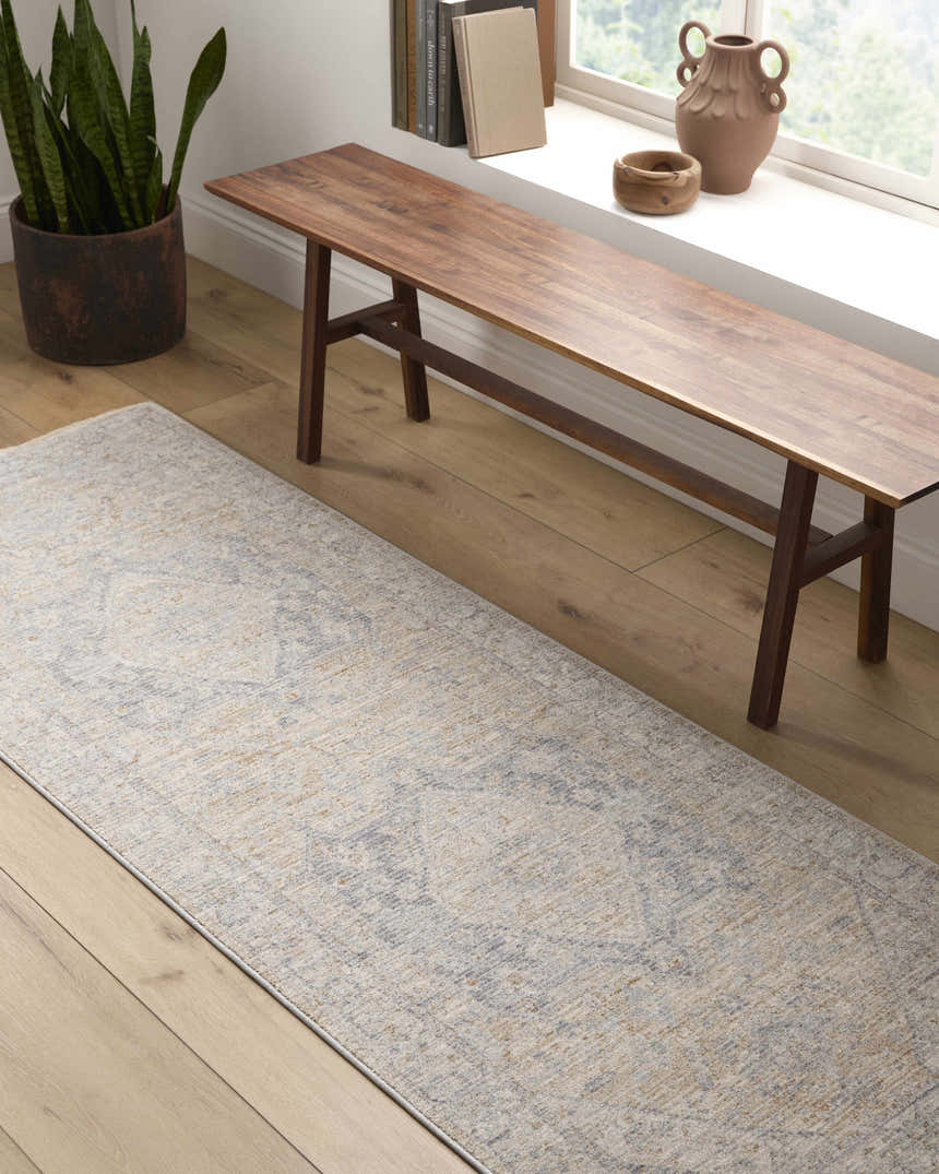 Entryway with wood bench and Deena Thick Luxe Area Rug in brown, charcoal, and sage. Roomscene-Runner