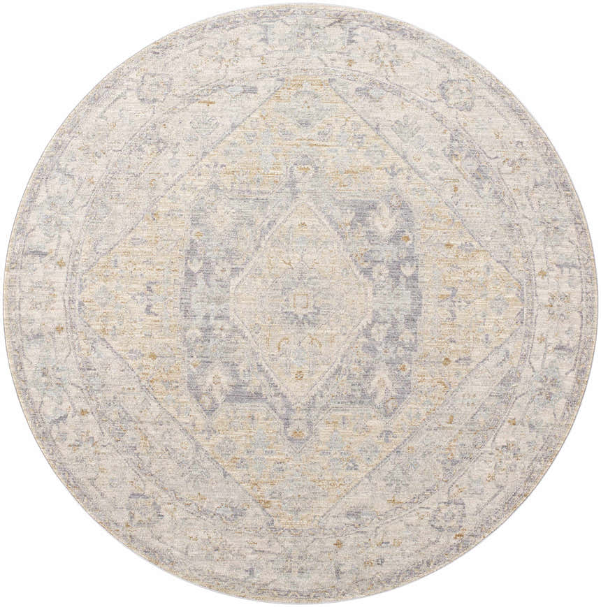 Close-up of round Deena Thick Luxe Area Rug. Farmhouse style with traditional design in brown, charcoal, and gray tones. Design-Round-67
