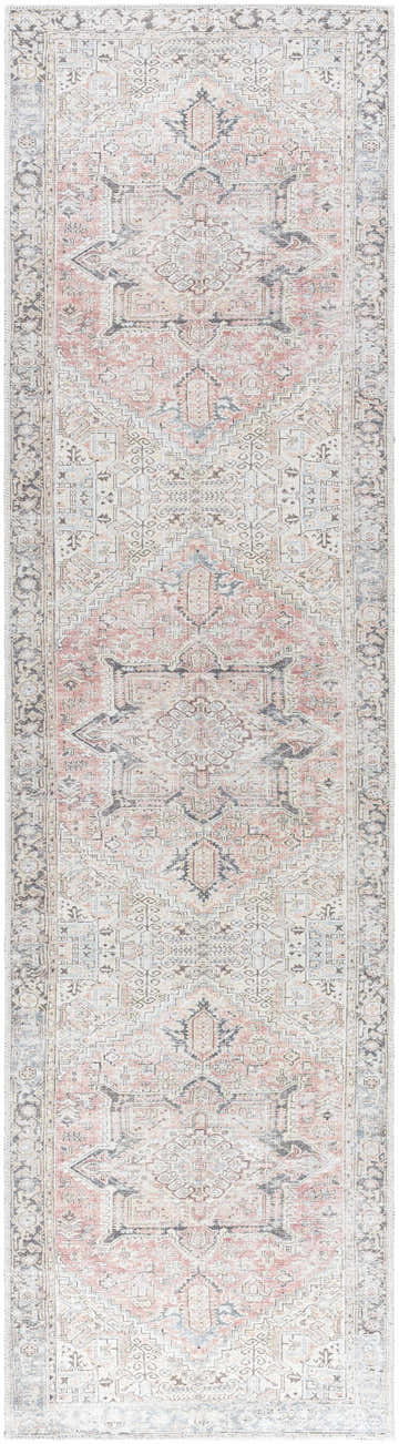 Close-up of the Aethwy Washable Area Rug. Traditional design in light silver, prairie dust, gray and slate blue tones. Design-Runner-2710